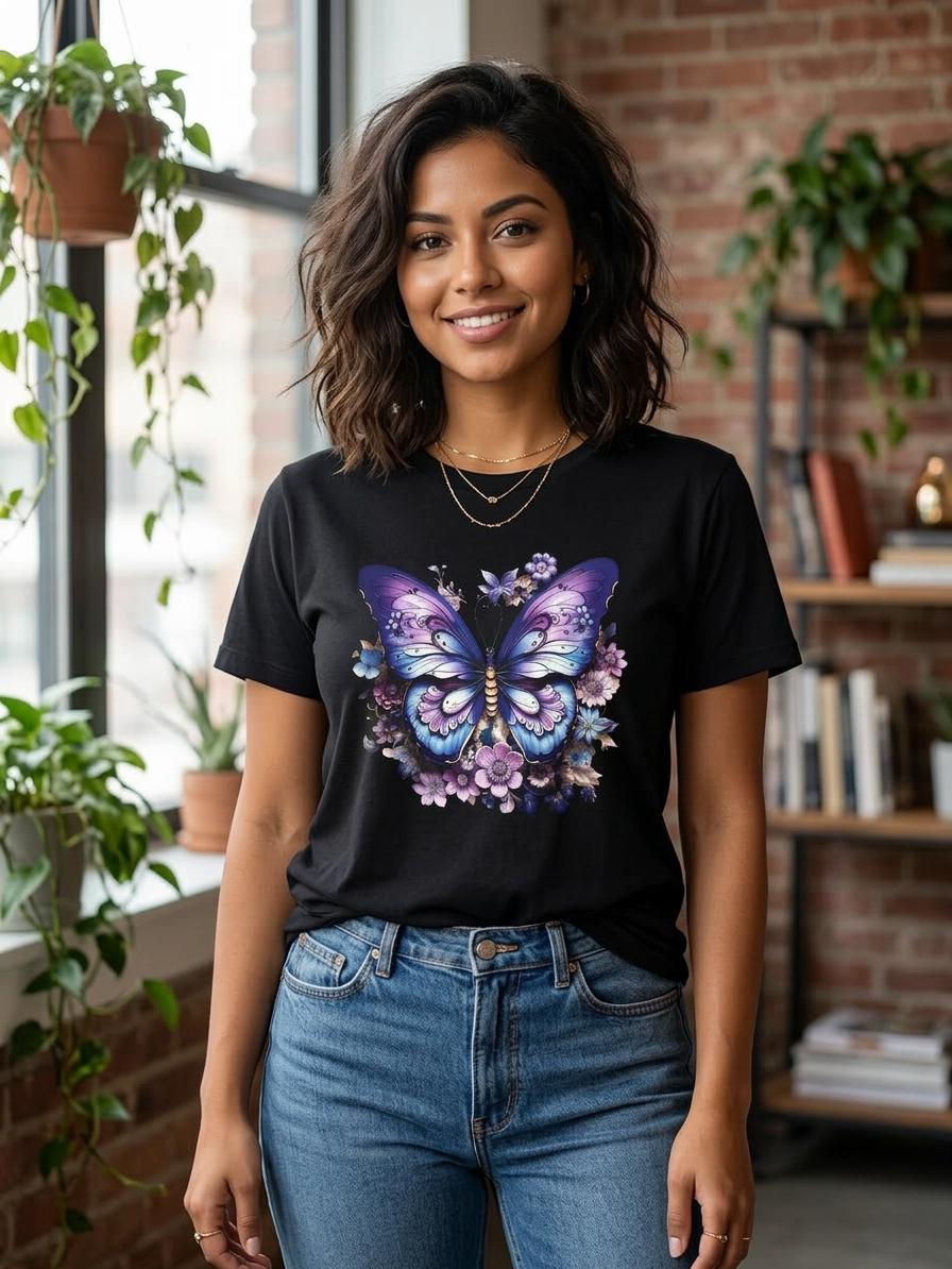 Black T shirt with Floral Butterfly Graphic