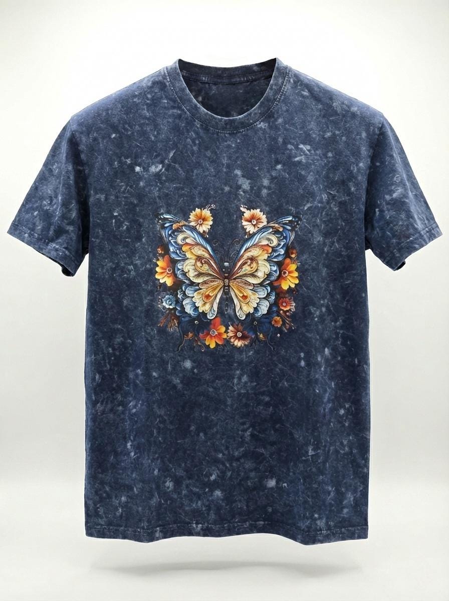 T Shirt Floral Butterfly Graph Mineral Wash