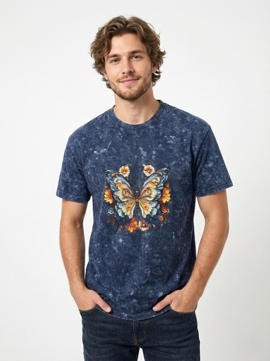 T Shirt Floral Butterfly Graph Mineral Wash