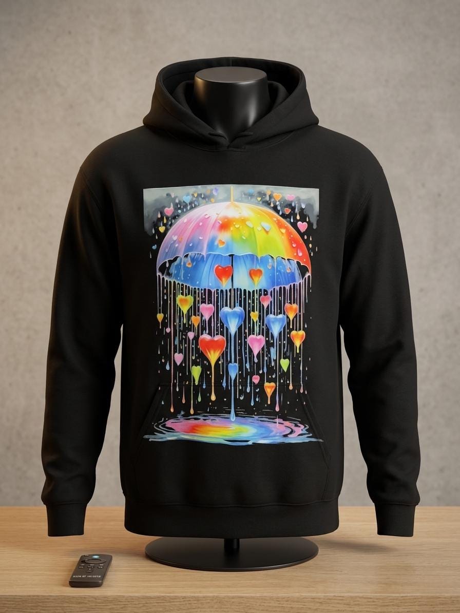 Love Rain Graphic Hoodie Rainbow Umbrella & Melting Hearts Watercolor Art