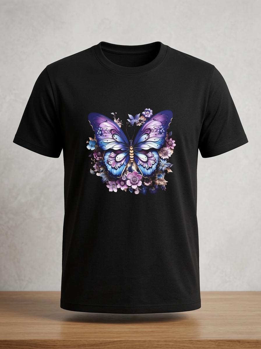 Black T shirt with Floral Butterfly Graphic