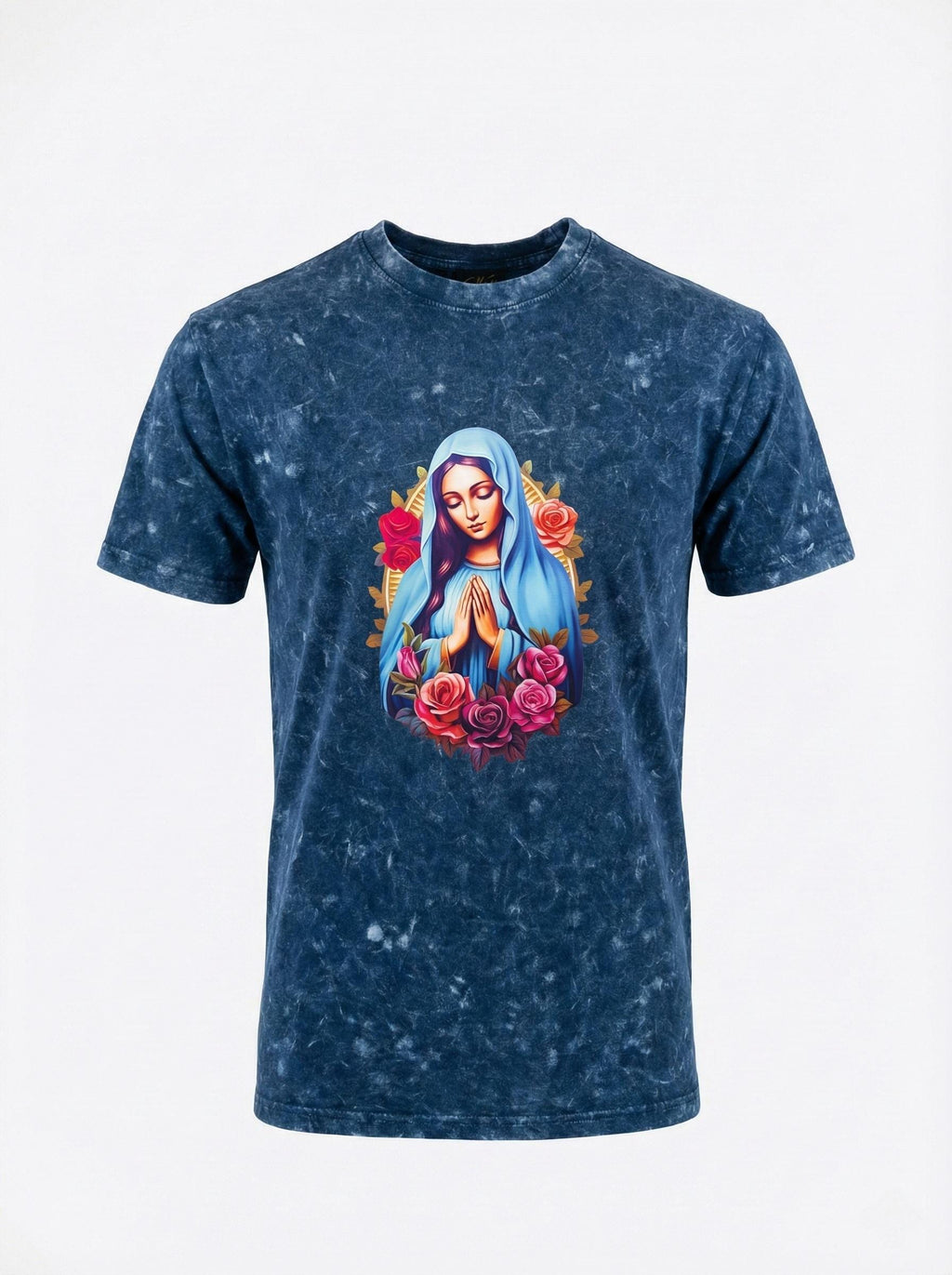 T shirt Blue Mineral Washing Graph Virgin Mary