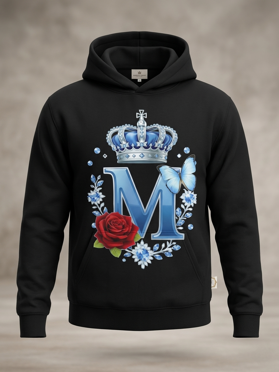 Premium Initial M Royal Hoodie Crown, Rose & Butterfly